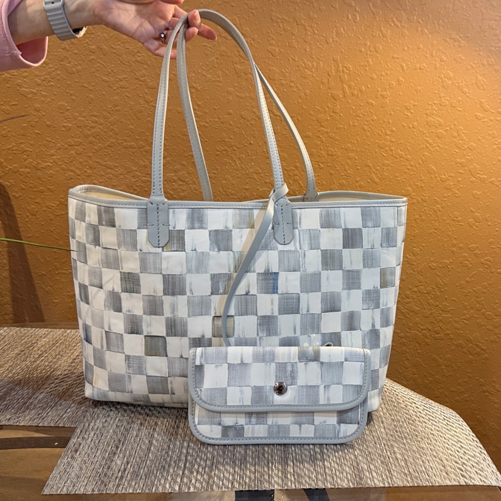 MacKenzie-Childs White and Gray Checkered Tote